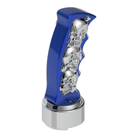 Closer view of blue skulls pistol Grip gearshift knob with 13/15/18 chrome speed adapter - thread on