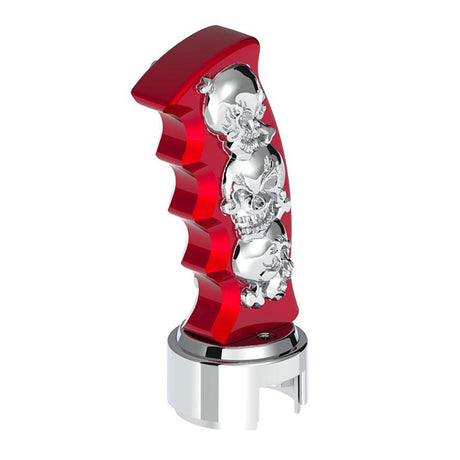 Red skulls pistol Grip gearshift knob with 13/15/18 chrome speed adapter - thread on, close-up