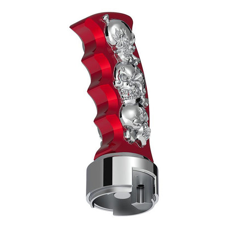Close-up of red skulls pistol Grip gearshift knob with 13/15/18 chrome speed adapter - thread on