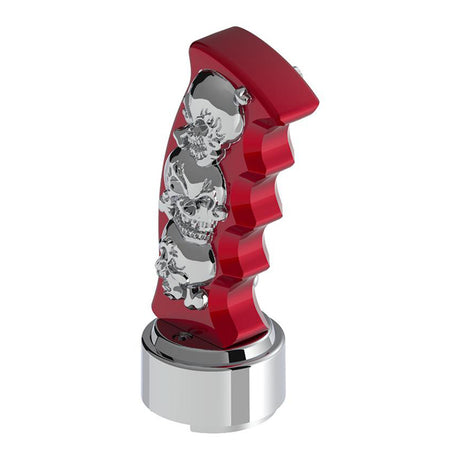 Red skulls pistol Grip gearshift knob with 13/15/18 chrome speed adapter - thread on, closer view