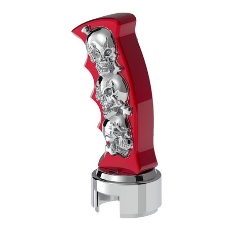 Closer view of red skulls pistol Grip gearshift knob with 13/15/18 chrome speed adapter - thread on