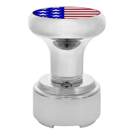 Chrome gearshift knob with US flag sticker and 9/10 speed adapter - thread on, close-up