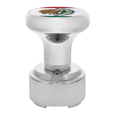 Chrome gearshift knob with Mexico flag sticker and 9/10 speed adapter - thread on, close-up