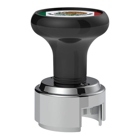 Black gearshift knob with Mexico flag sticker and 13/15/18 speed adapter - thread on, close-up