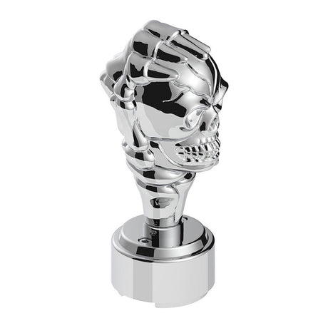 Chrome skull gearshift knob with 9/10 speed adapter-thread on, closer view
