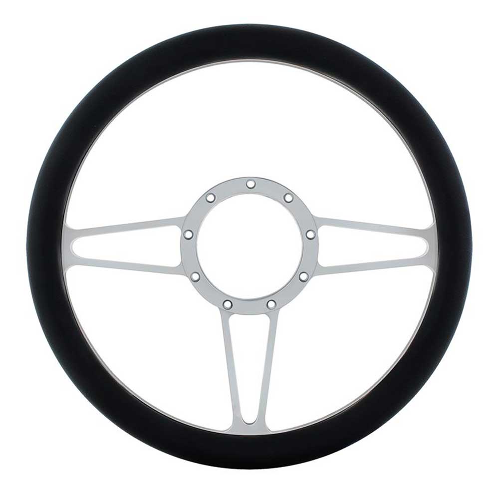14" Chrome Aluminum 3 Spoke Steering Wheel with Black Leather Grip