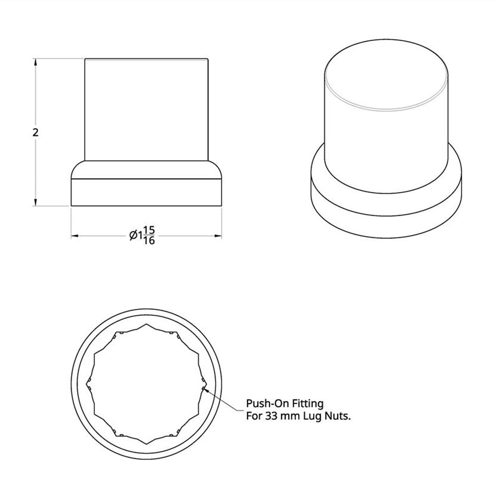 33mm x 2"  Chrome Plastic Flat Top Nut Covers with Flange - Push On 10PK