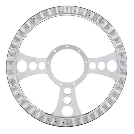 14" Chrome aluminum chopper style steering wheel with black leather Grip, close-up