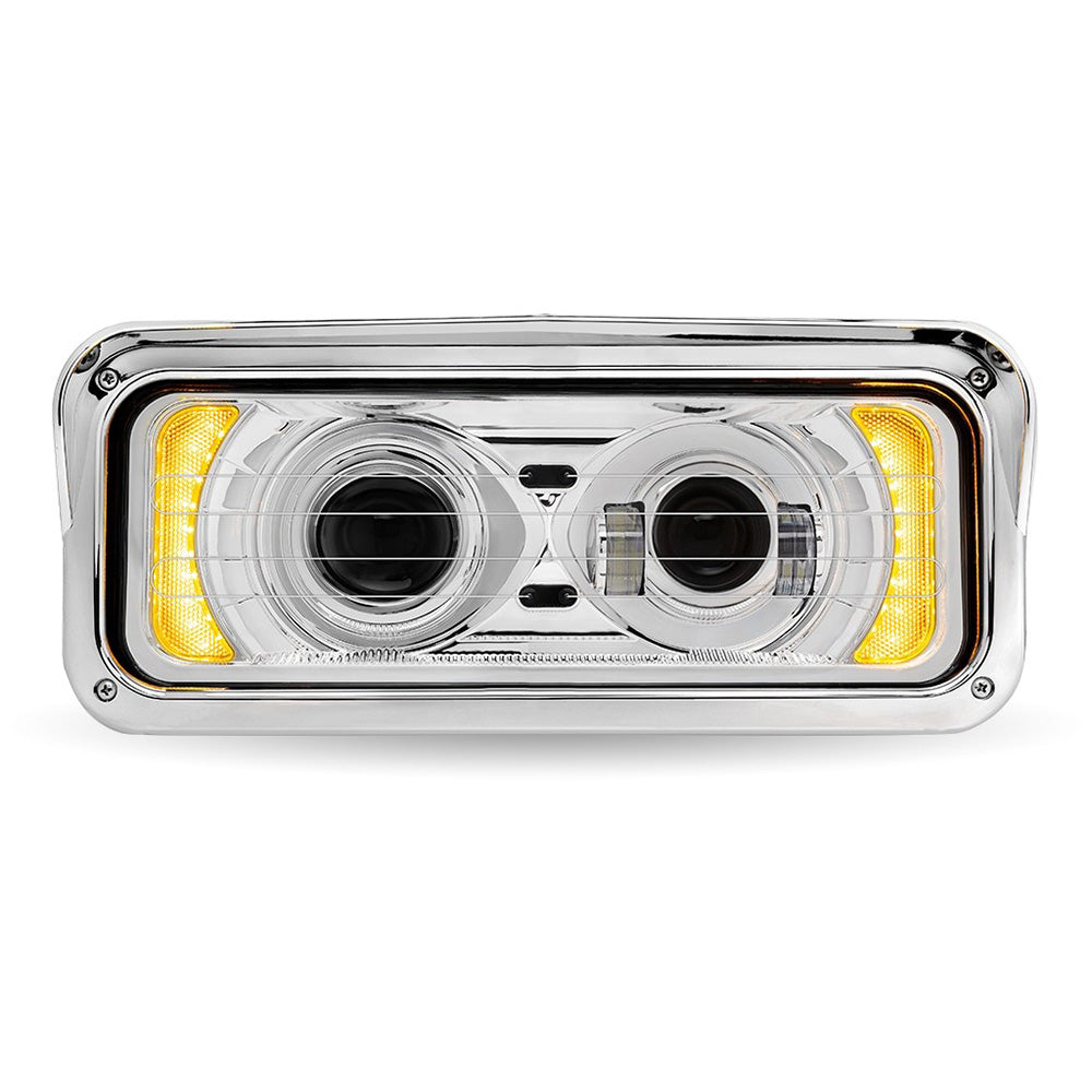 Chrome LED Projector Headlight Assembly with Heated Lens, Backlit Auxiliary & Housing Bucket
