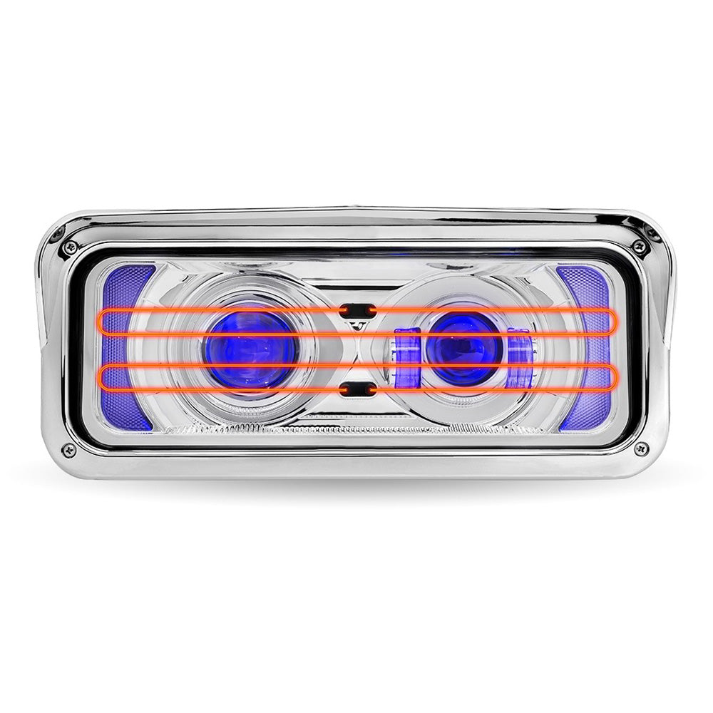 Chrome LED Projector Headlight Assembly with Heated Lens, Backlit Auxiliary & Housing Bucket
