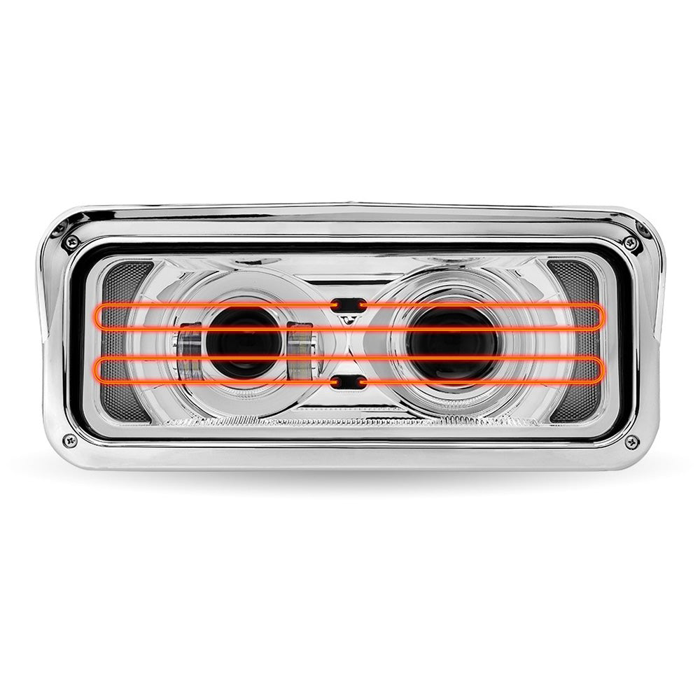Chrome LED Projector Headlight Assembly with Heated Lens, Backlit Auxiliary & Housing Bucket