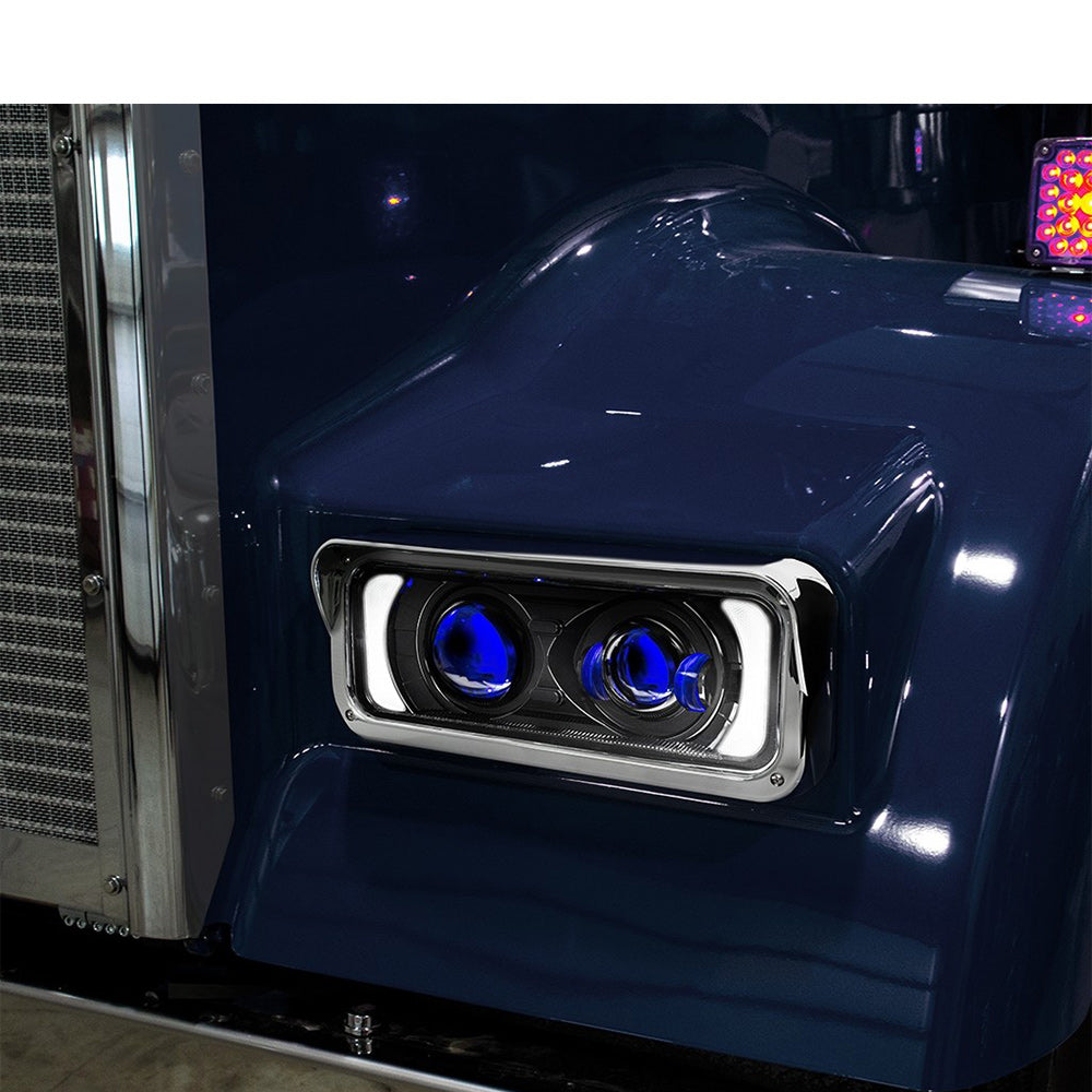 Black LED Projector Headlight Assembly with Backlit Auxiliary & Housing Bucket