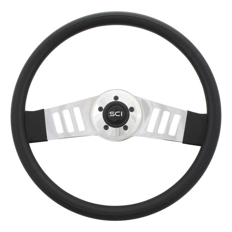 18" Black 2 spoke steering wheel, close-up