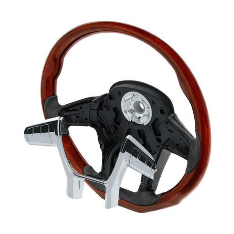Close-up of 18" YourGrip wood steering wheel for Peterbilt 579 and Kenworth T680