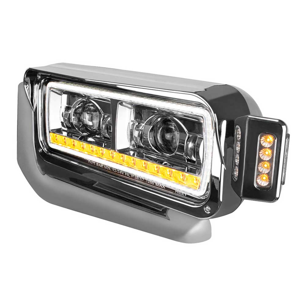 Peterbilt Chrome LED Projection Headlight Assembly with Mounting Arm and Turn Signal