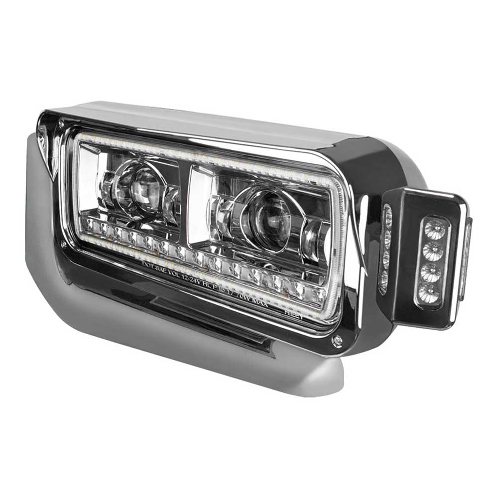 Peterbilt Chrome LED Projection Headlight Assembly with Mounting Arm and Turn Signal