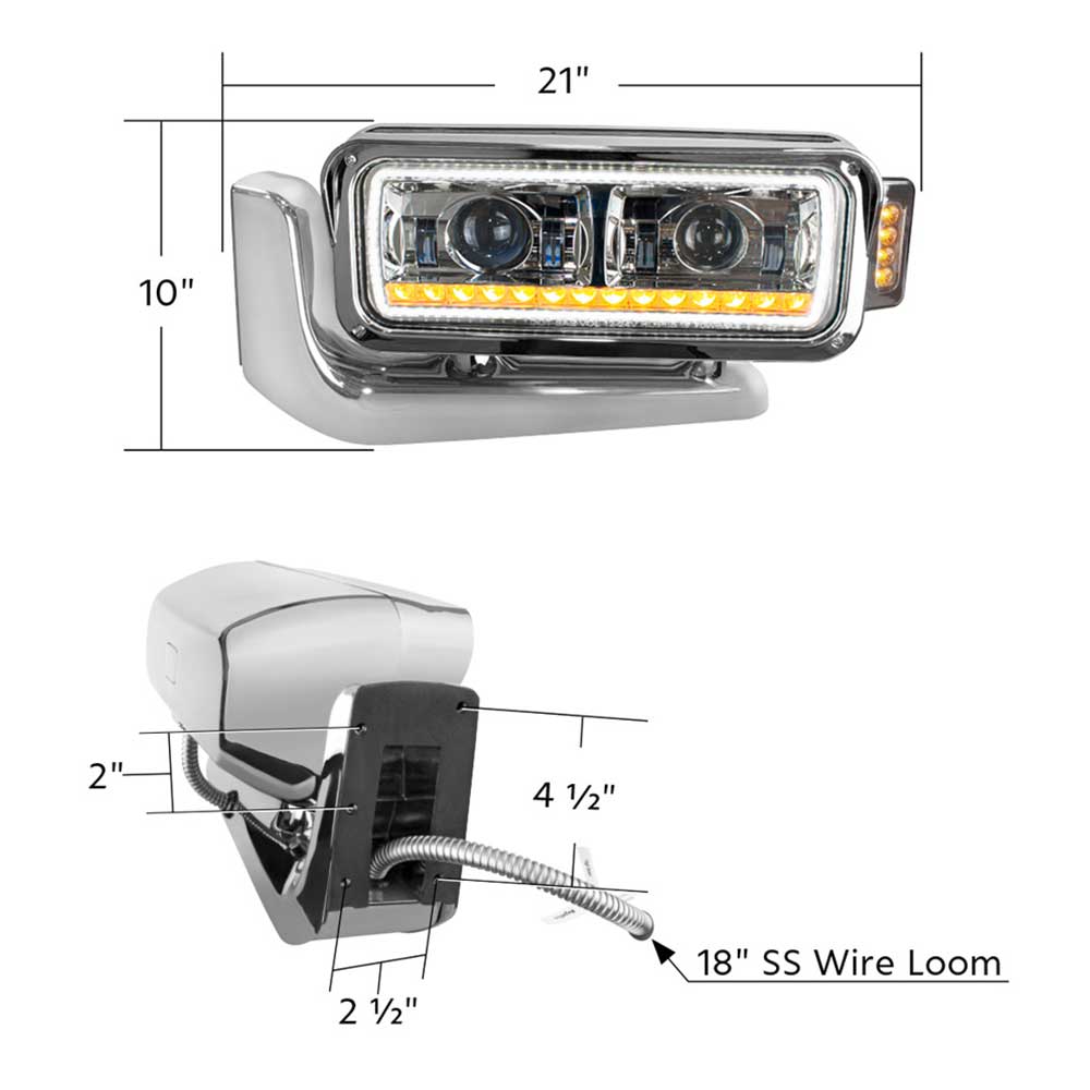 Peterbilt Chrome LED Projection Headlight Assembly with Mounting Arm and Turn Signal
