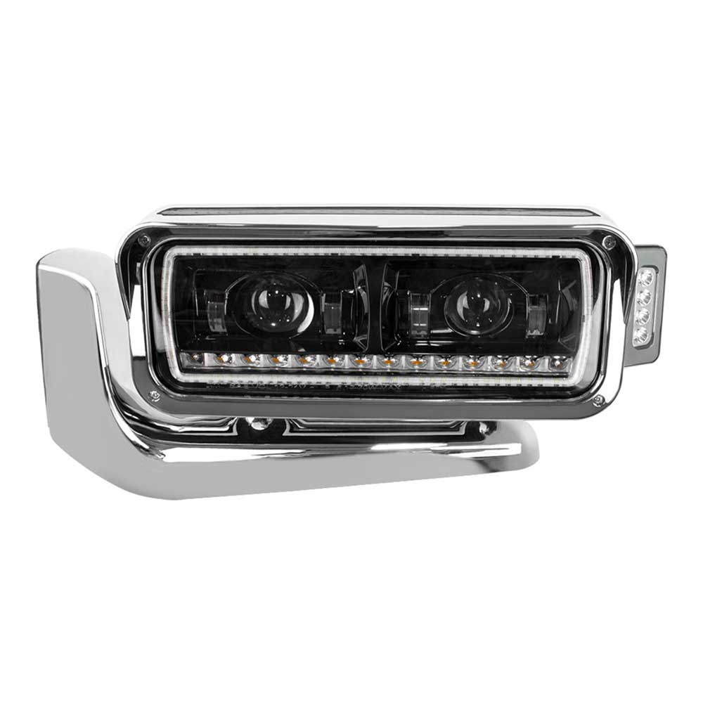 Peterbilt LED Projection Headlight Assembly with Mounting Arm, Turn Signal and Black Inner Housing