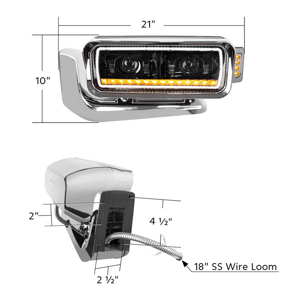 Peterbilt LED Projection Headlight Assembly with Mounting Arm, Turn Signal and Black Inner Housing