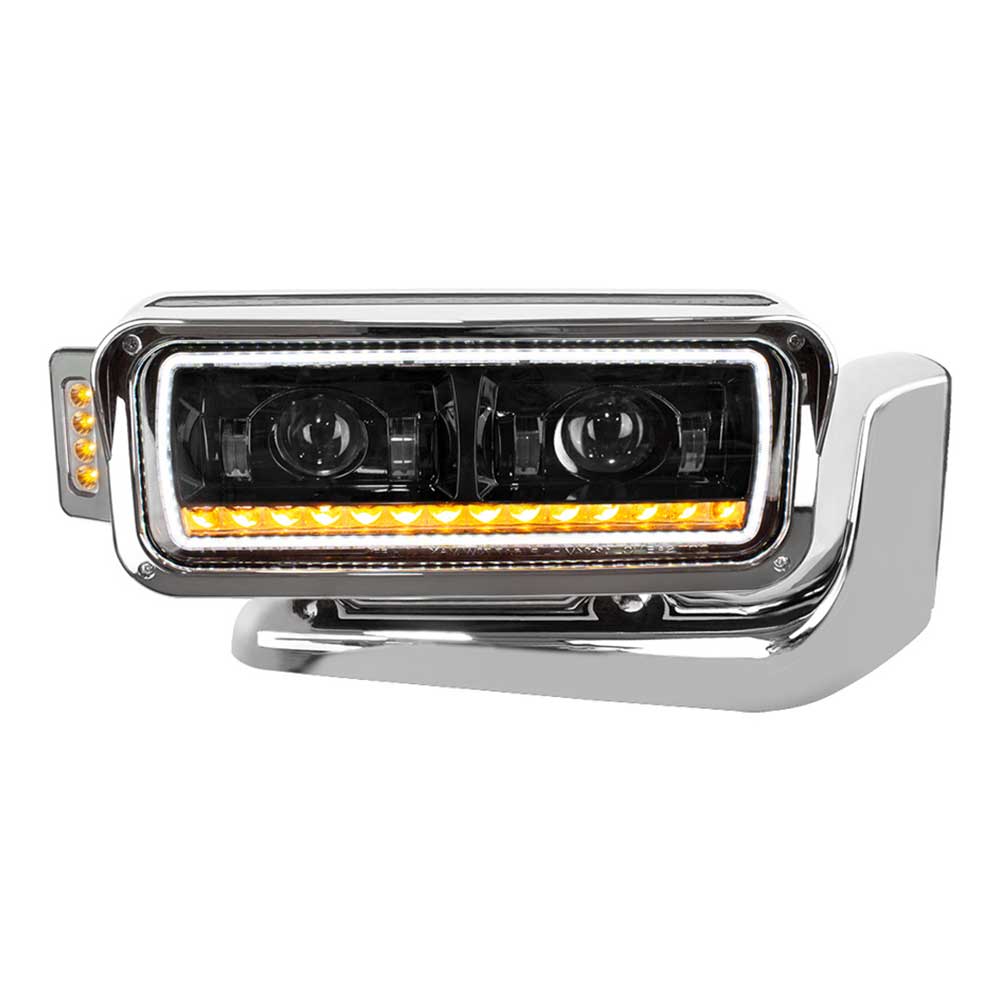Peterbilt LED Projection Headlight Assembly with Mounting Arm, Turn Signal and Black Inner Housing