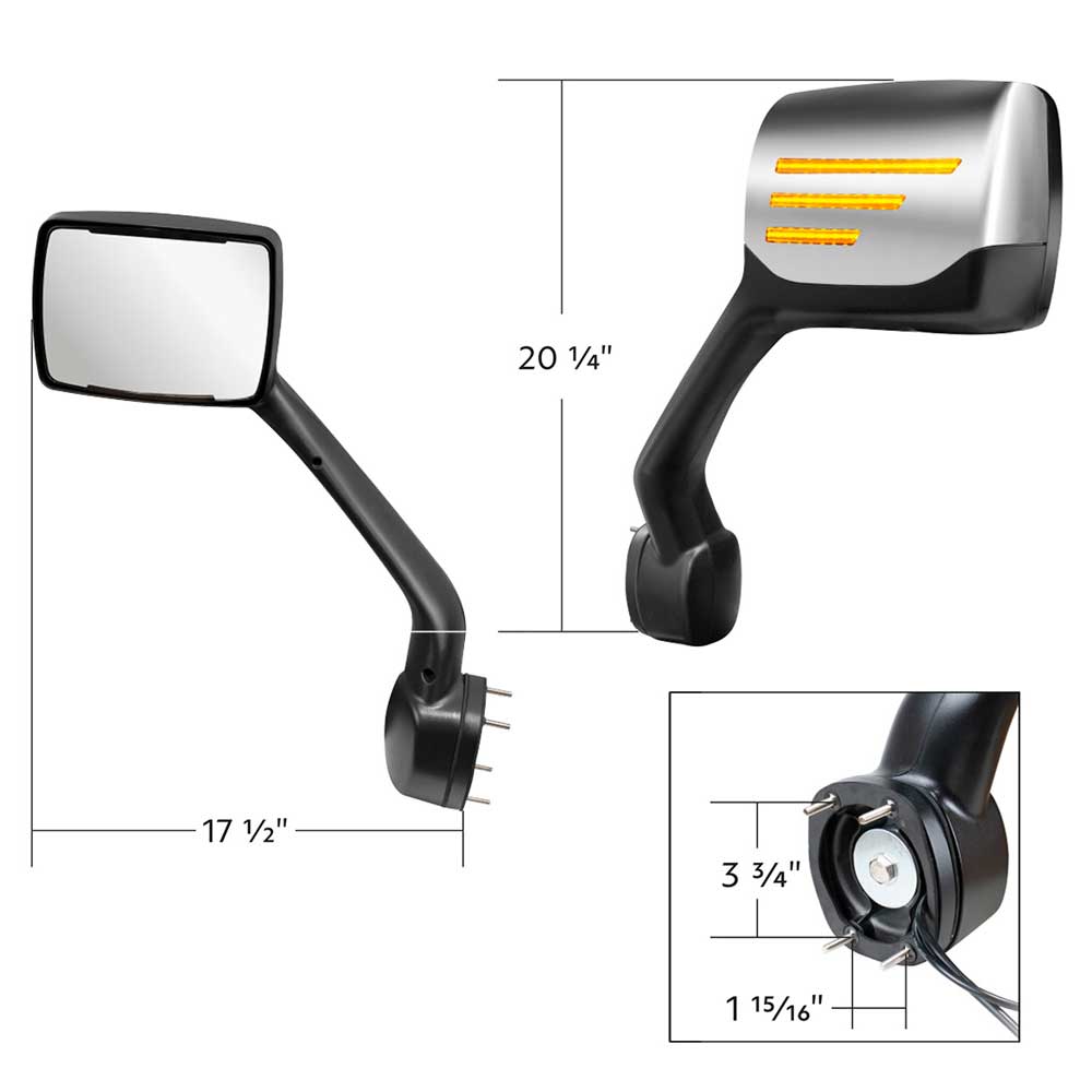 Chrome Hood Mirror Assembly with Sequential LED Turn Signal for Kenworth T680, T880, Peterbilt 579