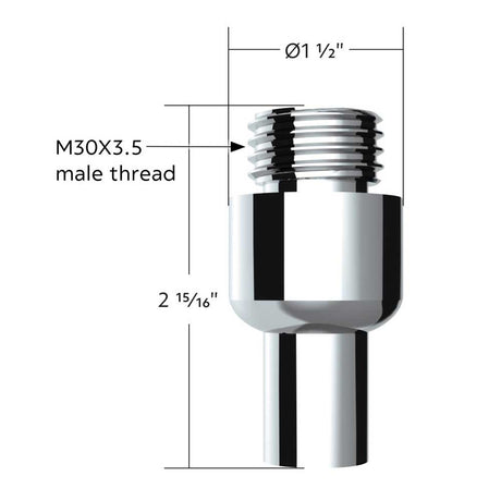 Chrome aluminum air valve adapter with M30x3.5 threads, close-up