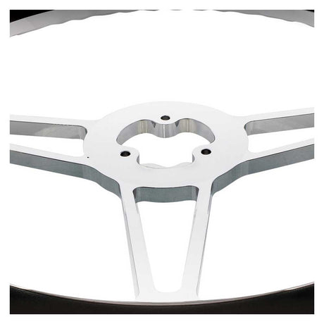 Close-up of 18" Chrome aluminum 3 spoke with black leather rim steering wheel
