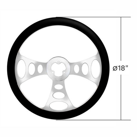 Close-up of 18" Chrome aluminum 3 spoke black leather chopper steering wheel