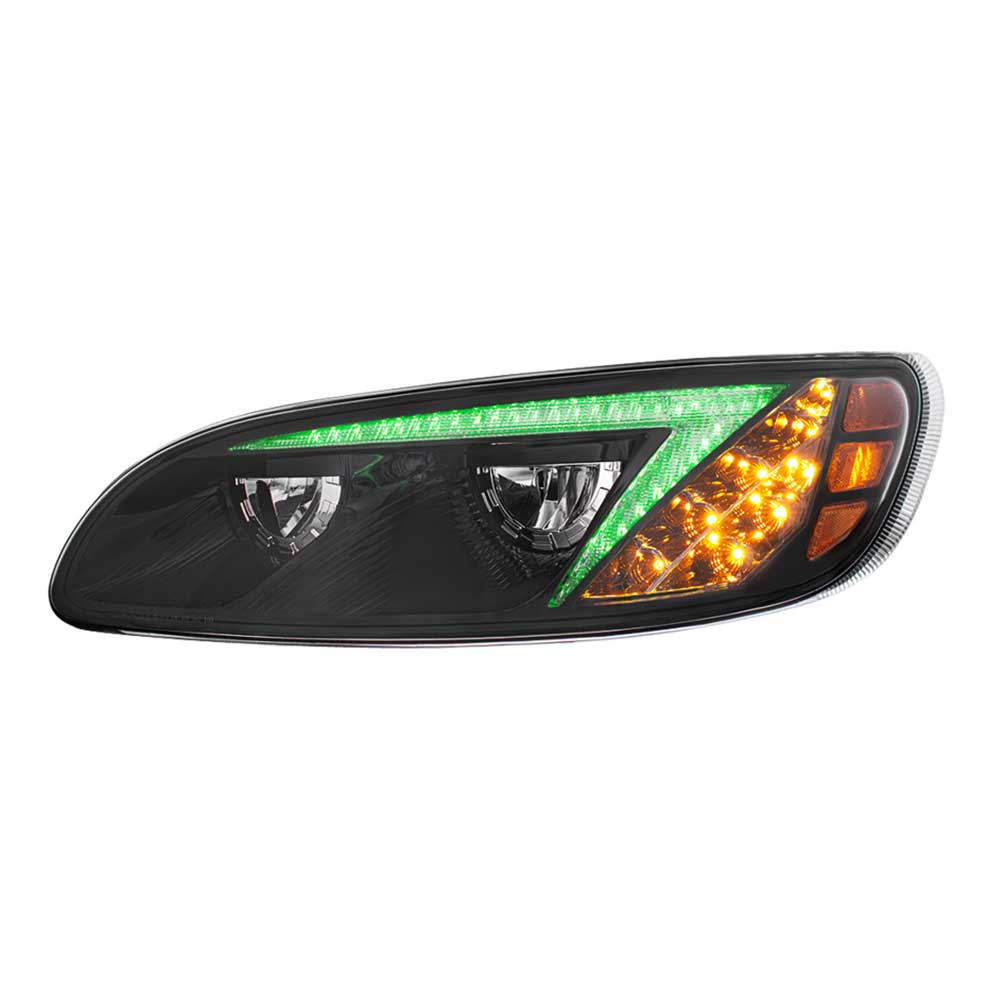 Peterbilt 382, 384, 386, 387 Black Inner Housing LED Headlight with RGB Position Light Bar
