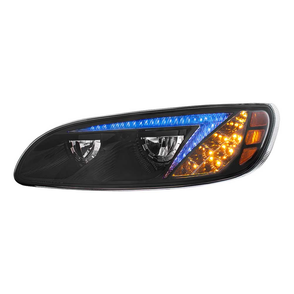 Peterbilt 382, 384, 386, 387 Black Inner Housing LED Headlight with RGB Position Light Bar