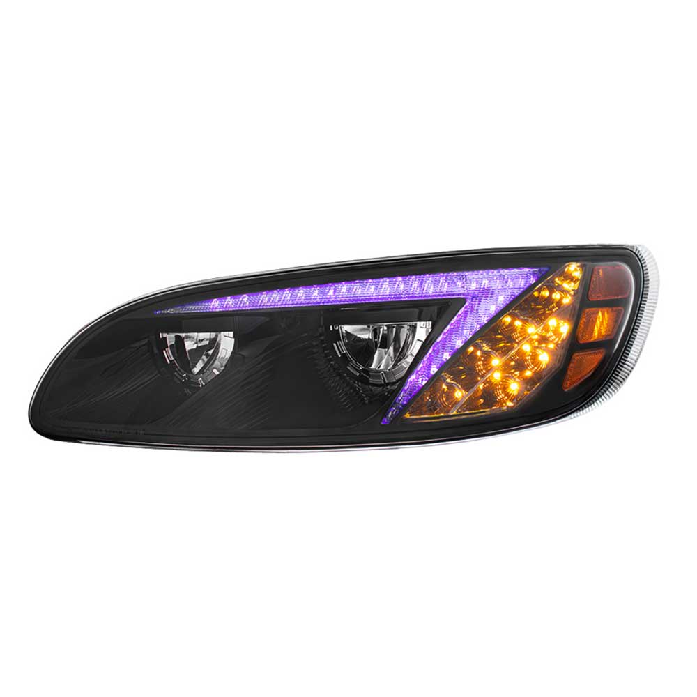 Peterbilt 382, 384, 386, 387 Black Inner Housing LED Headlight with RGB Position Light Bar