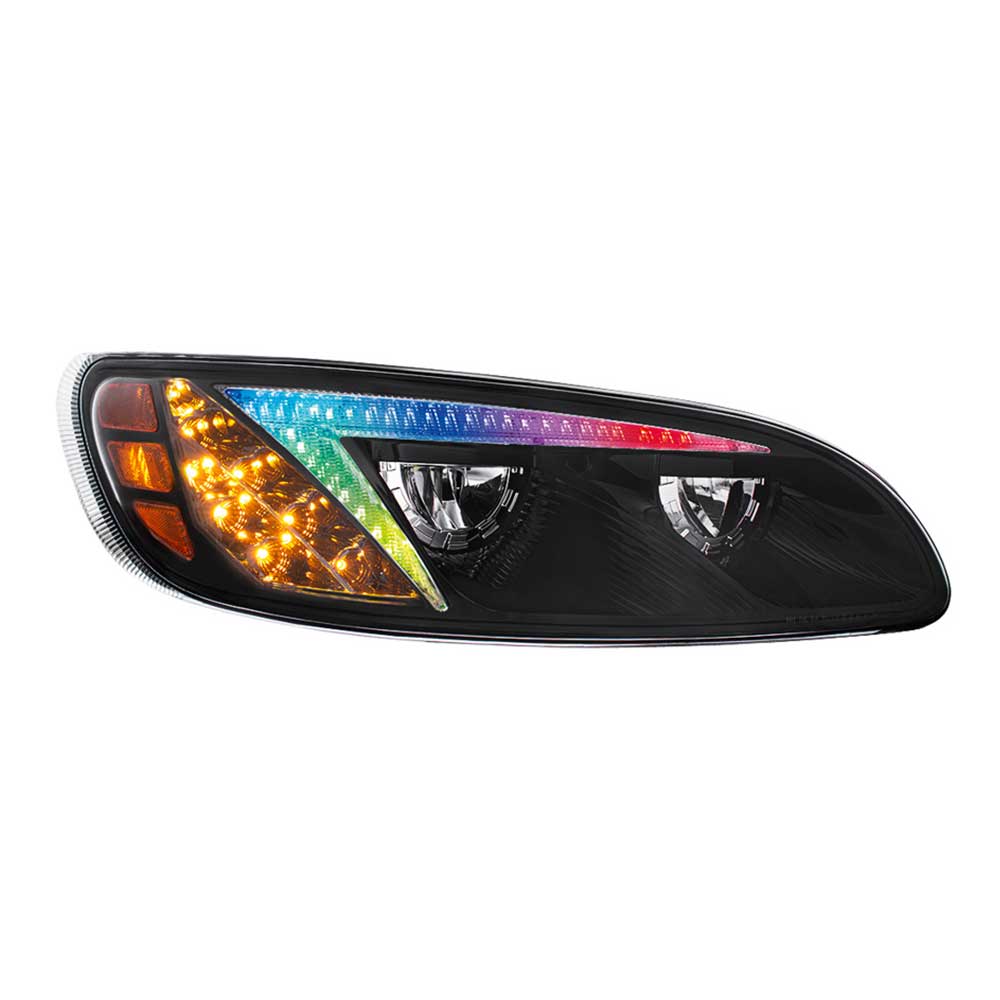 Peterbilt 382, 384, 386, 387 Black Inner Housing LED Headlight with RGB Position Light Bar