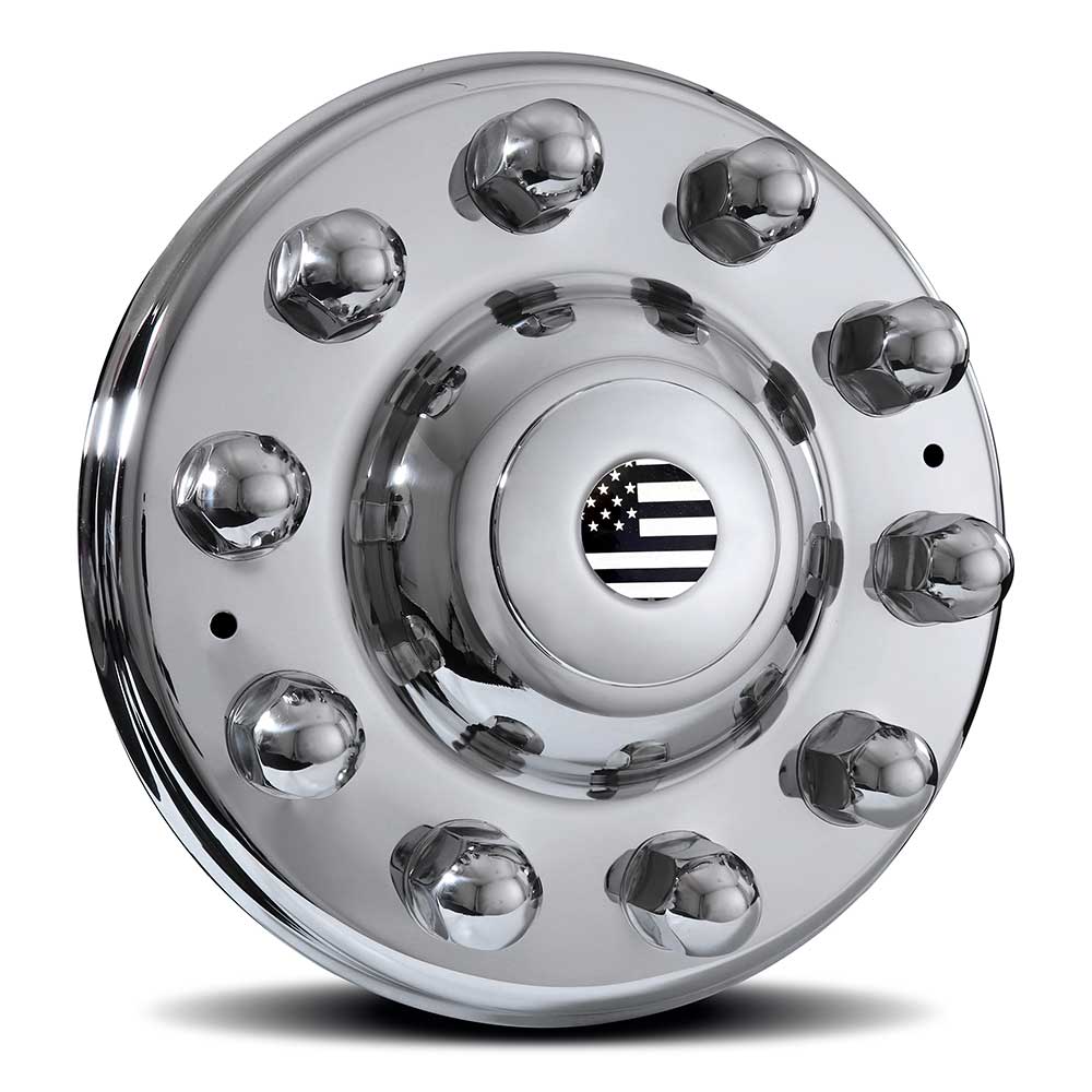 22-1/2", 24-1/2" Mirror SS Unitized Cover-Up for Front Hub Covers w/ Floating Flag