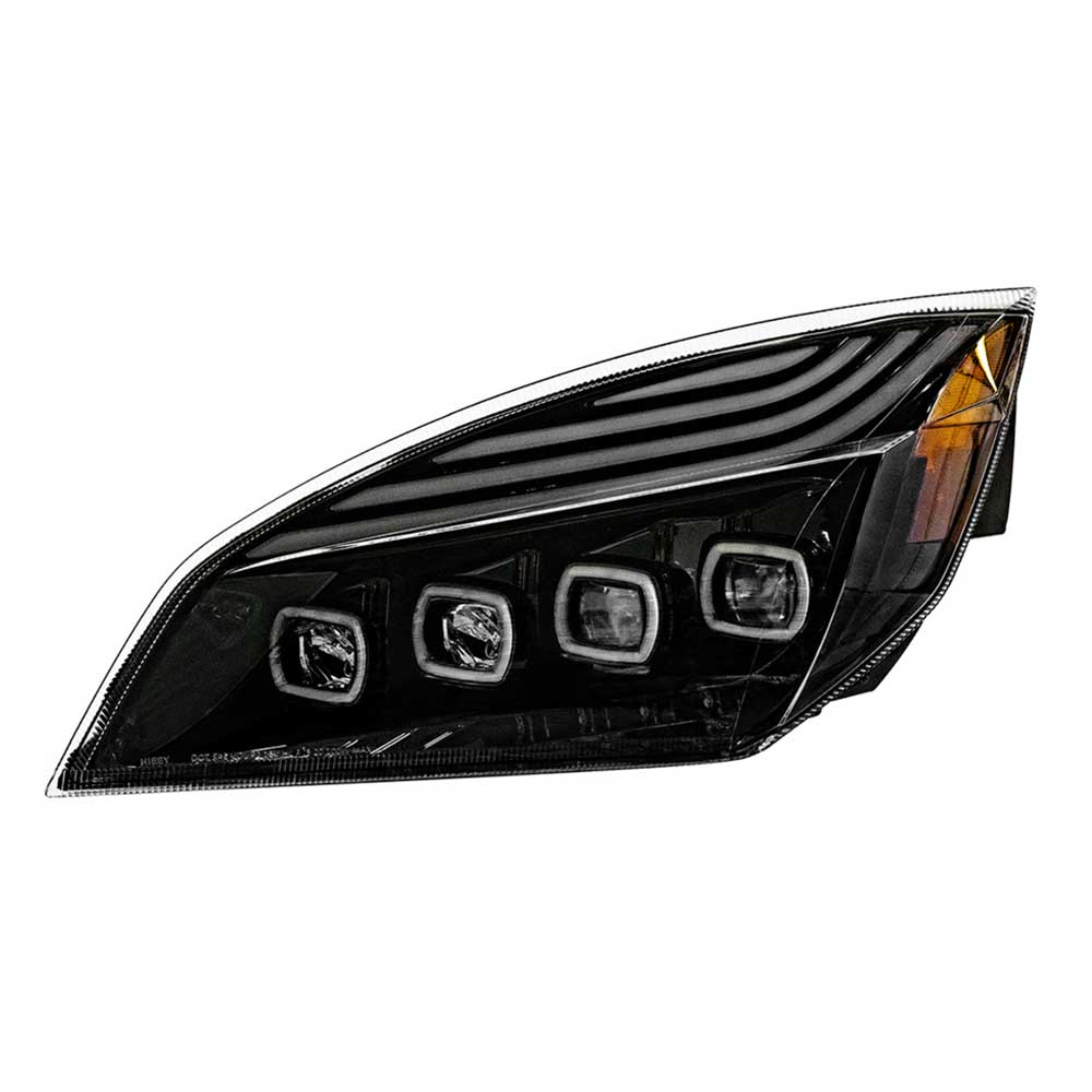 Freightliner Cascadia 2018+ Black Quad LED Headlight with LED DRL & Sequential Signal