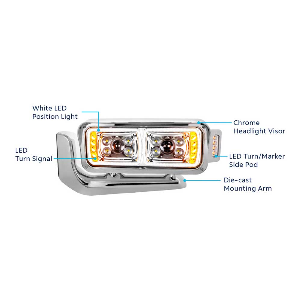 Peterbilt Chrome 10 High Power LED Projection Headlight Assembly with Mounting Arm and Turn Signal Side Pod