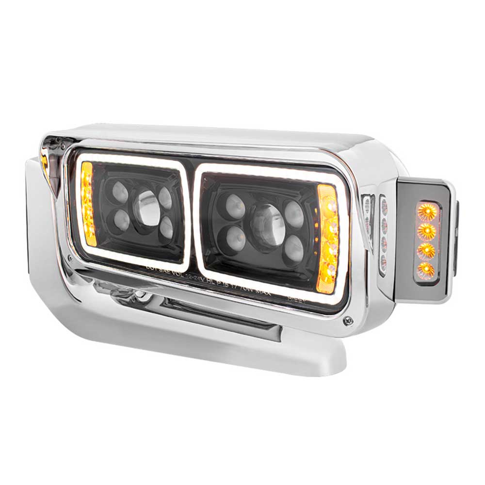 Peterbilt Black Inner Housing 10 High Power LED Projection Headlight Assembly with Mounting Arm and Turn Signal Side Pod
