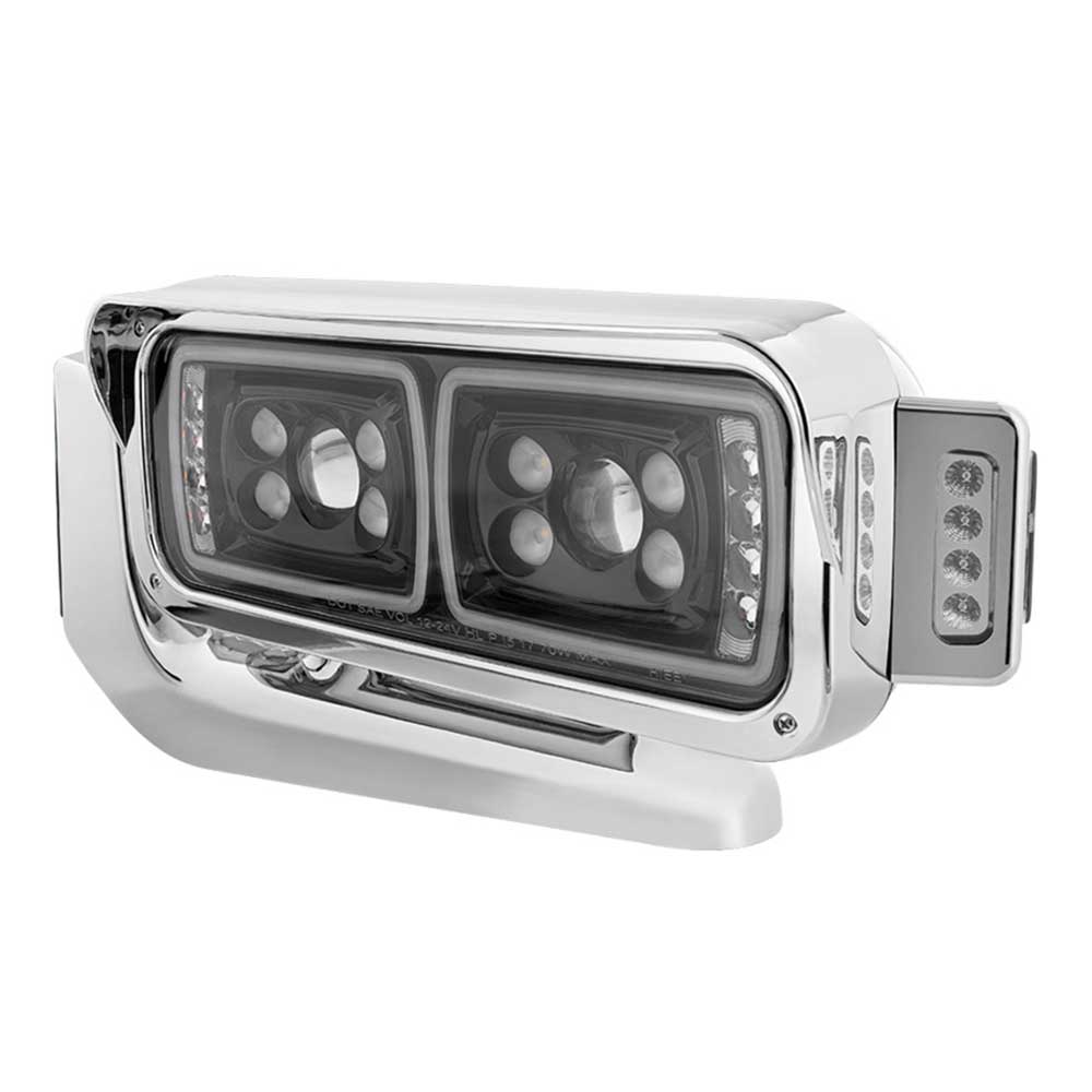 Peterbilt Black Inner Housing 10 High Power LED Projection Headlight Assembly with Mounting Arm and Turn Signal Side Pod