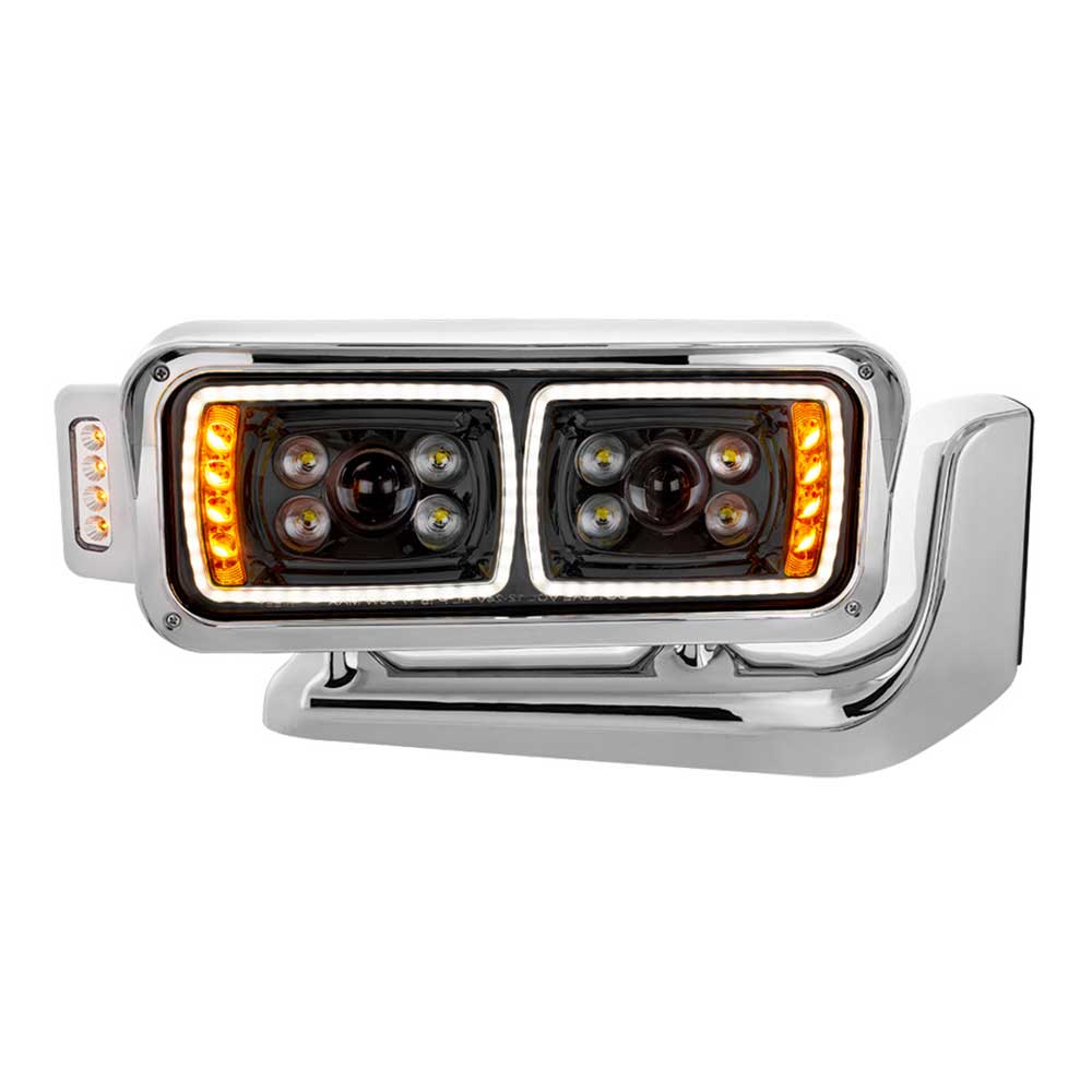 Peterbilt Black Inner Housing 10 High Power LED Projection Headlight Assembly with Mounting Arm and Turn Signal Side Pod
