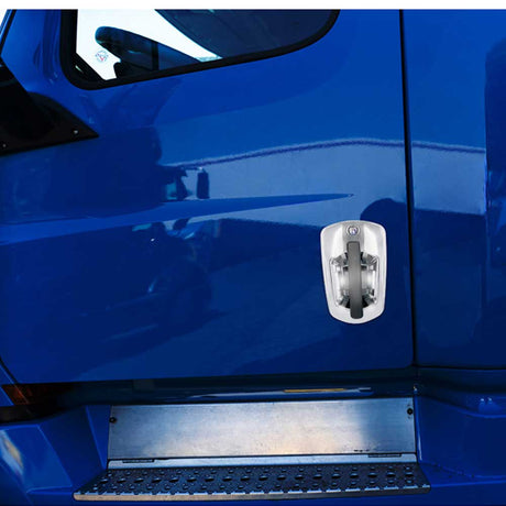 Freightliner Cascadia 2018+ chrome 6 white LED driver side door handle cover, close-up