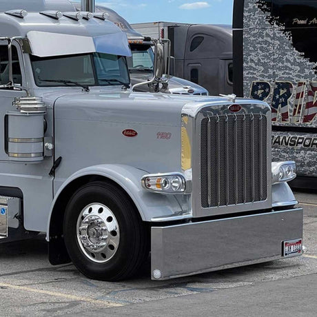 18" Peterbilt 357, 378, 379 mitered end chrome plated with watermelon side cutouts with blind mount, close-up
