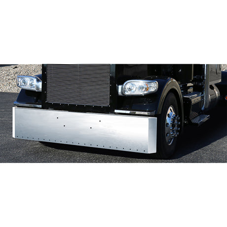 Close-up of Peterbilt 389, 388, 567 set forward axle 18" stainless steel mitered end bumper with twenty-two 3/4" light cutouts