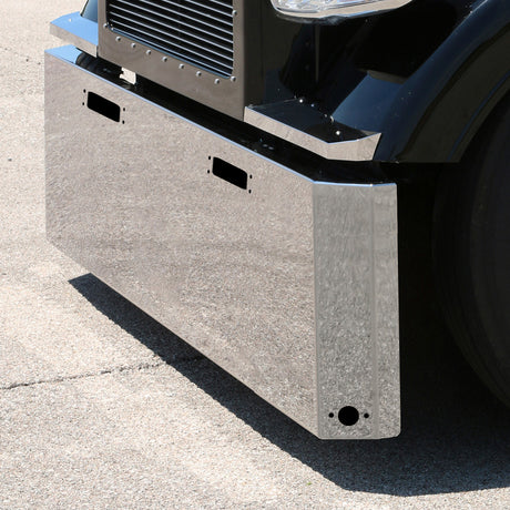 Peterbilt 359 1973-1987 stainless steel 18" standard mount switchback end bumper with tow hook and watermelon light cutouts