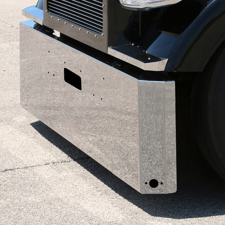 Peterbilt 379 stainless steel 18" standard mount switchback bumper with 2 watermelon light cutouts and tow hole