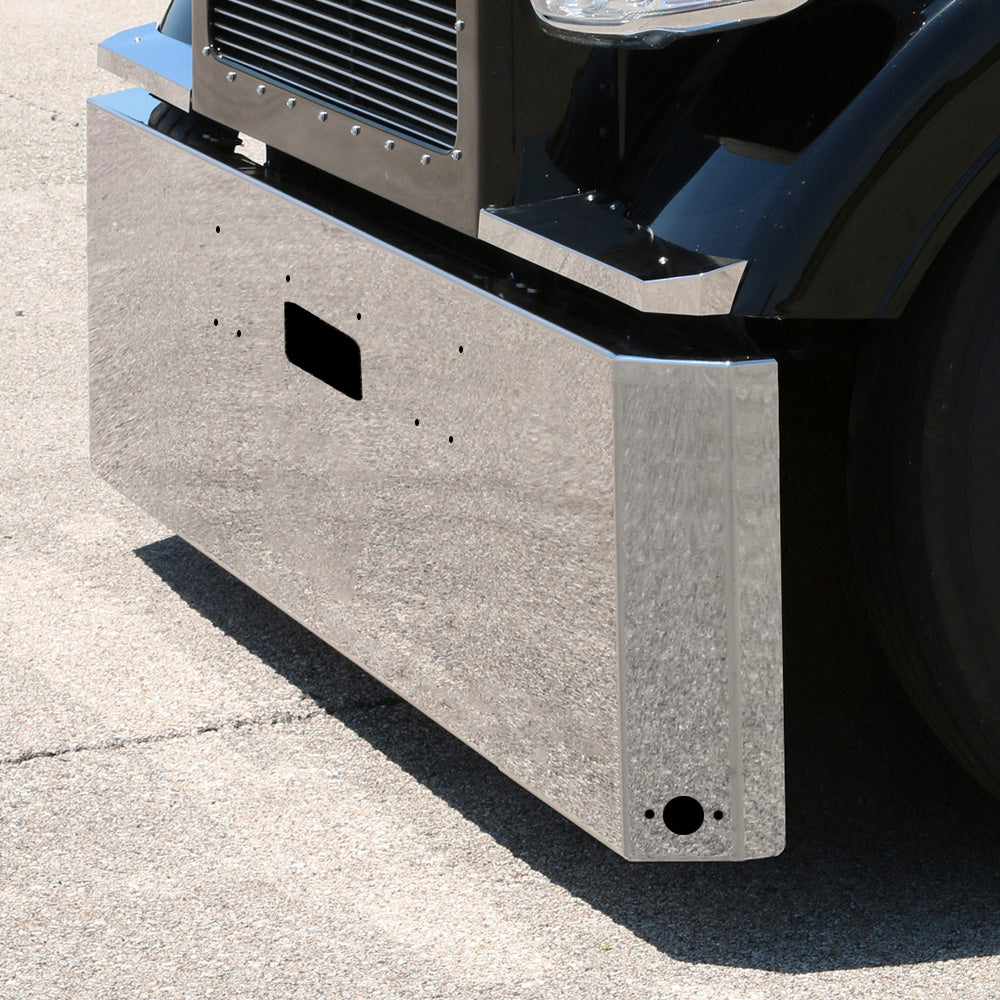 Peterbilt 379 Stainless Steel 20" Standard Mount Switchback Bumper with 2 Watermelon Light Cutouts and Tow Hole