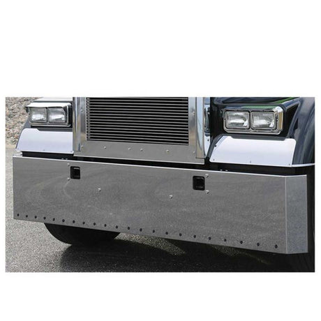 Kenworth W900L/W900B stainless steel 18" mitered end bumper with 3/4" light cutouts and tow holes