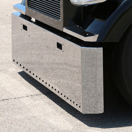 Kenworth W900L and B stainless steel 20" switchback end bumper with 22 light 3/4" cutouts and tow holes