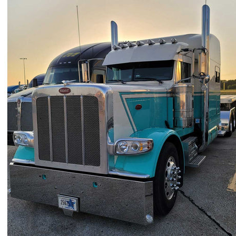 18" Peterbilt 365, 367, 388, 389, 567 mitered end chrome bumper with tow hole and watermelon side cutouts