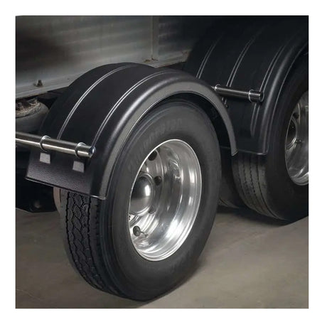 Close-up of 44.5"W Liquid platinum poly single lift axle fender for 22.5" or 24.5" wheel