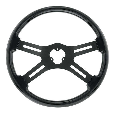 18" Matte black 4 spoke steering wheel with horn bezel and button, close-up