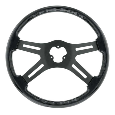 Close-up of 18" Matte black 4 spoke steering wheel with horn bezel and button